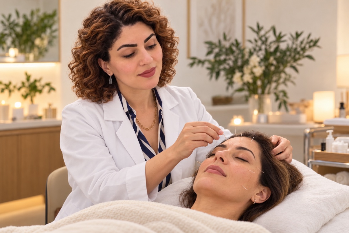 Dr. Zahra performing facial acupuncture treatment