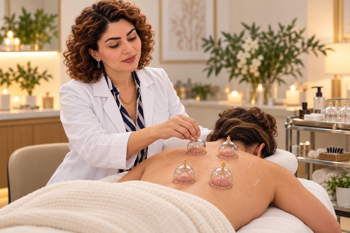 Dr. Zahra performing cupping and acupuncture treatment