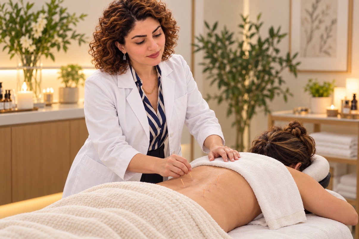 Dr. Zahra performing back acupuncture treatment
