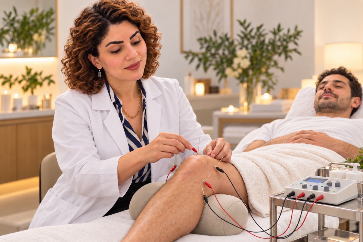 Dr. Zahra performing electroacupuncture on knee